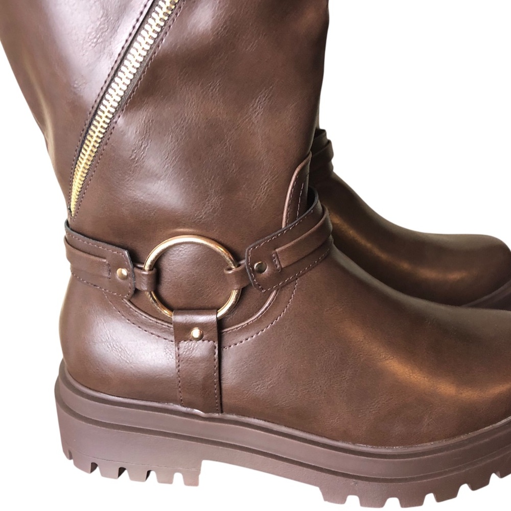 Womens Brown Vegan Leather Combat Boots Full Zip Platform Lug Soles Size 9.5 NEW - Picture 2 of 11